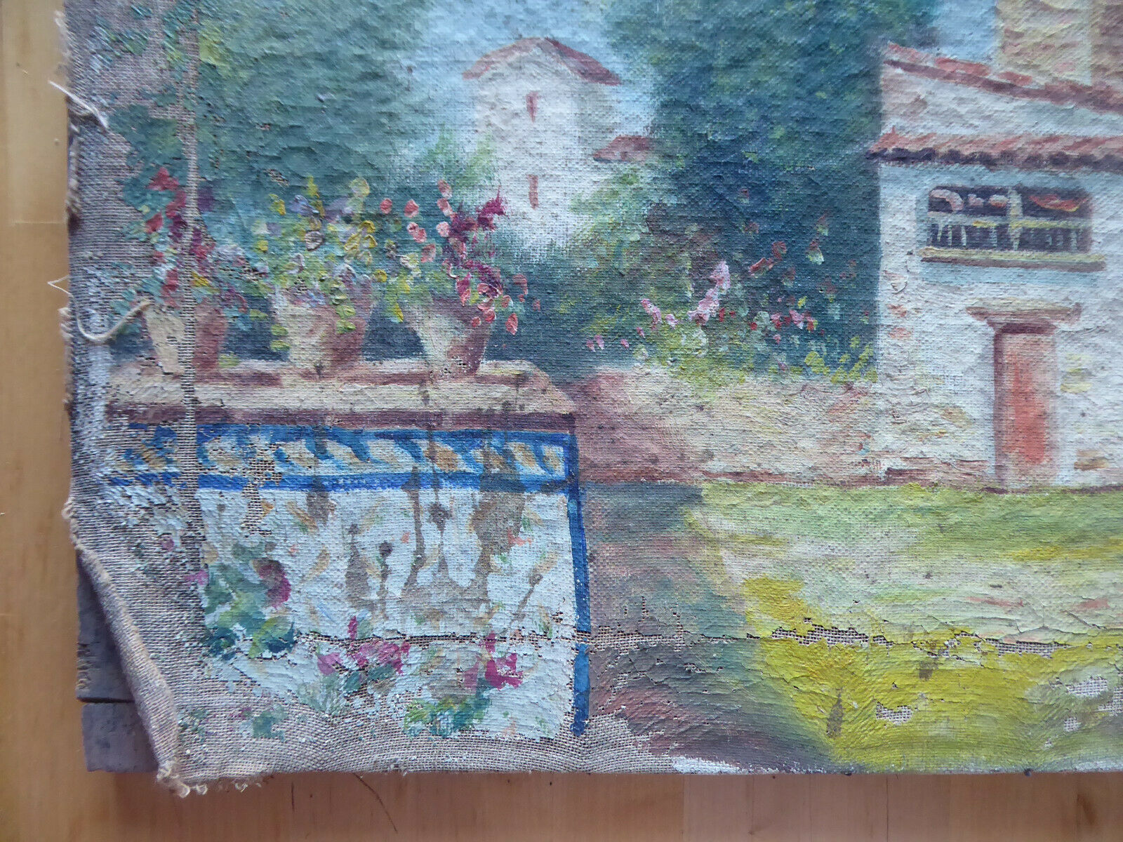 QUADRO ANTICO SPAGNOLO VEDUTA PAESE DI CAMPAGNA DIPINTO OLIO TELA SPAGNA MD7 - Belbello Antiques