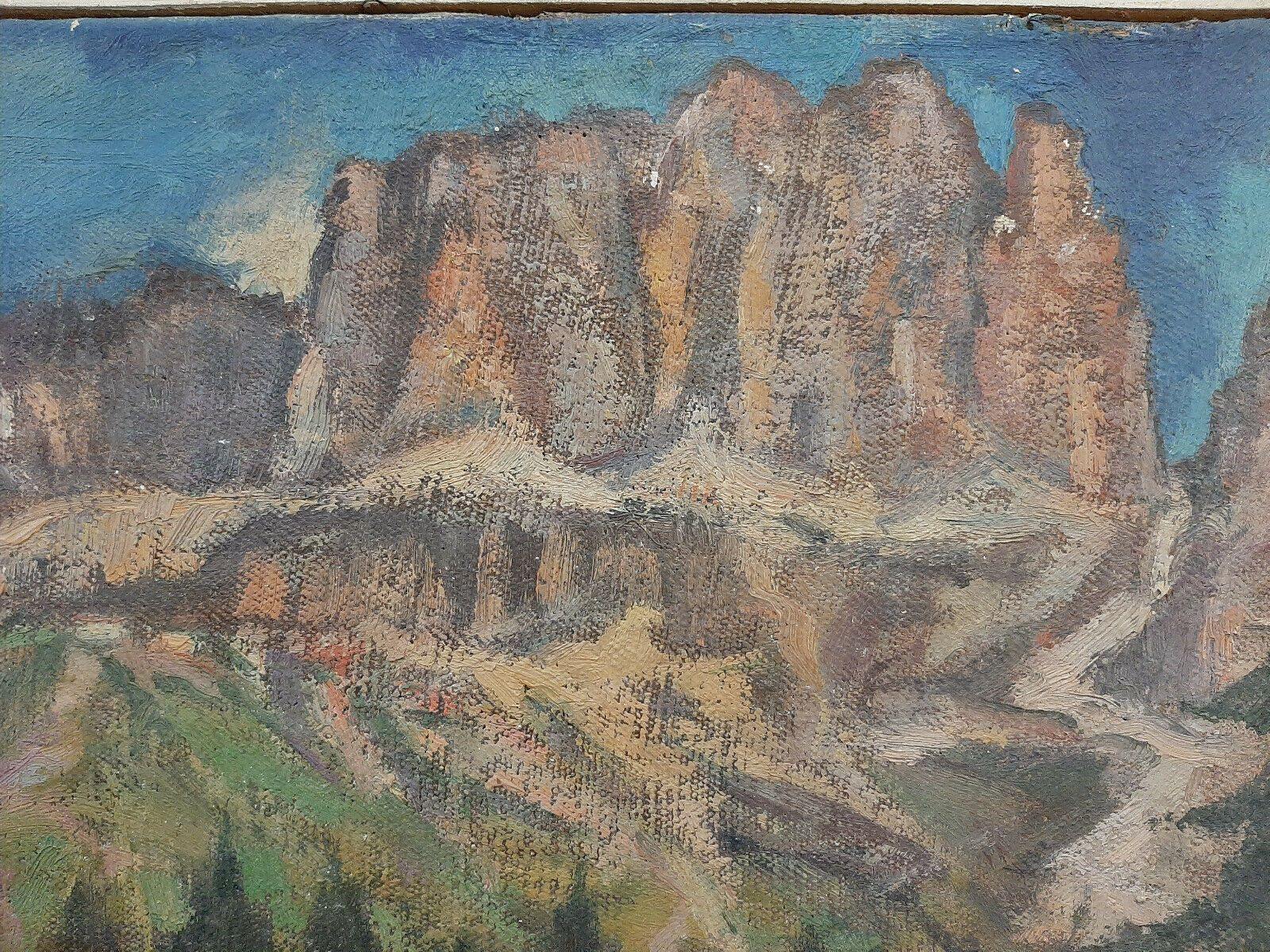 QUADRO OLIO TELA PAESAGGIO MONTAGNE DOLOMITI CATINACCIO Rosengarten DIPINTO P27 - Belbello Antiques