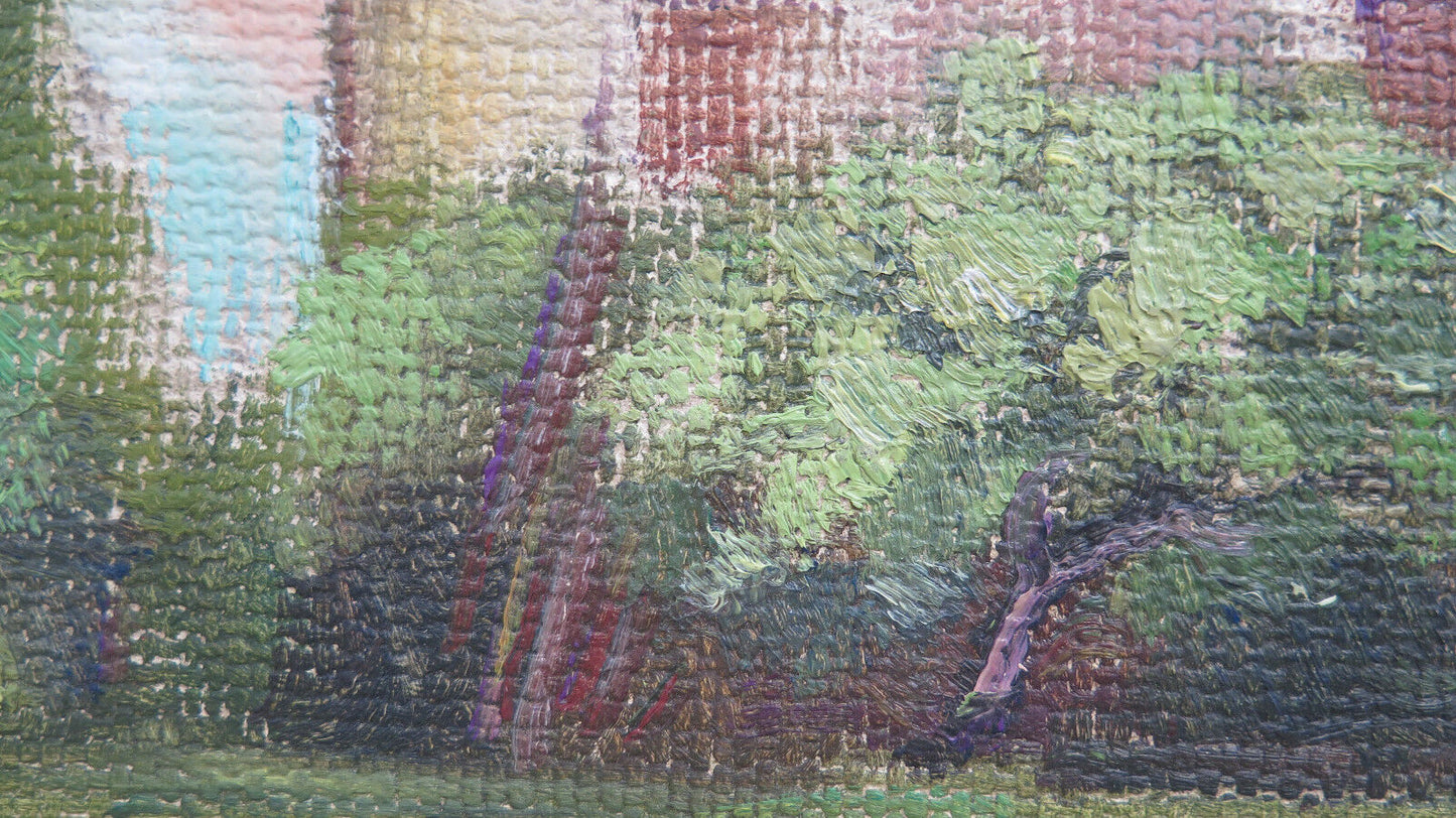 SMALL ANTIQUE OIL PAINTING ON TABLE COUNTRY VIEW WITH HOUSES P30