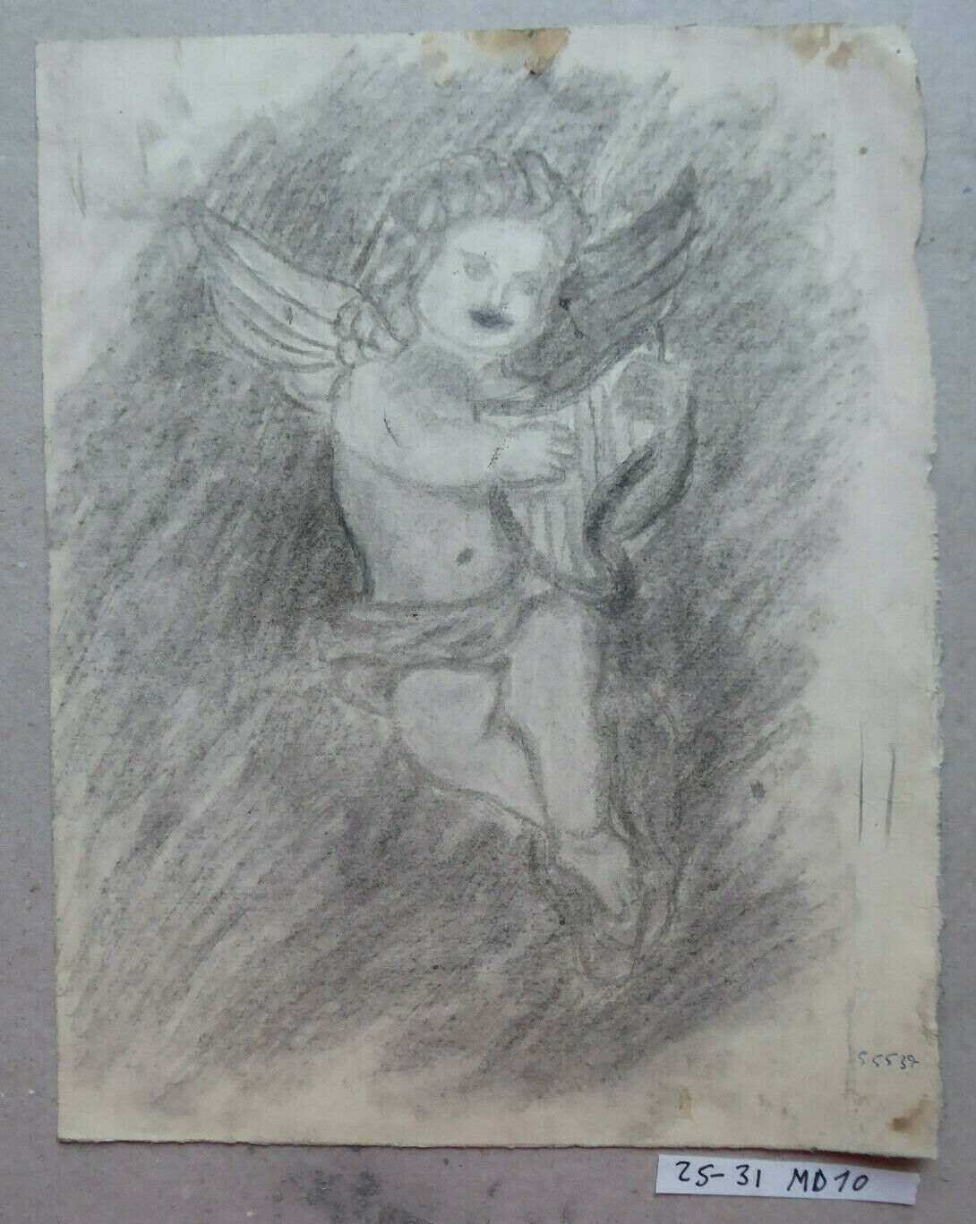 ANGIOLETTO PUTTO ANGELO VECCHIO DISEGNO MATITA SU CARTA COLLEZIONE SPAGNOLA MD10 - Belbello Antiques