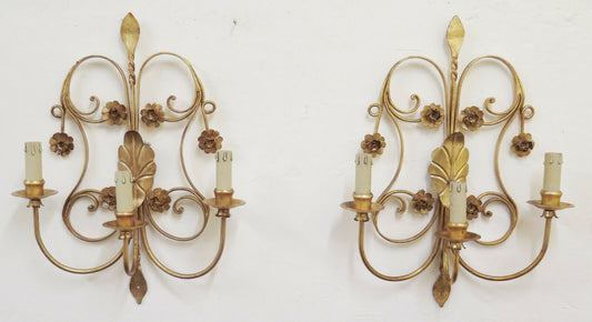 PAIR OF WALL LIGHTS IN VINTAGE GOLDEN WROUGHT IRON HANDMADE ITALY CH17 
