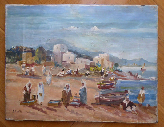 VECCHIO QUADRO IN STILE ORIENTALISTA MARINA MARE PITTORE V. SEGURA 1930-2015 MD5 - Belbello Antiques