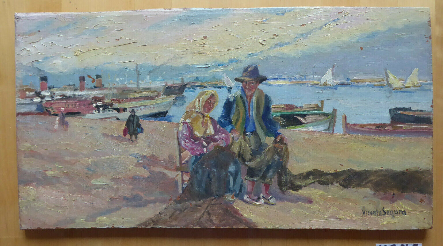 OIL PAINTING ON TABLE SEA SCENE BOATS FISHERMEN PAINTING SIGNED SEGURA MD2 