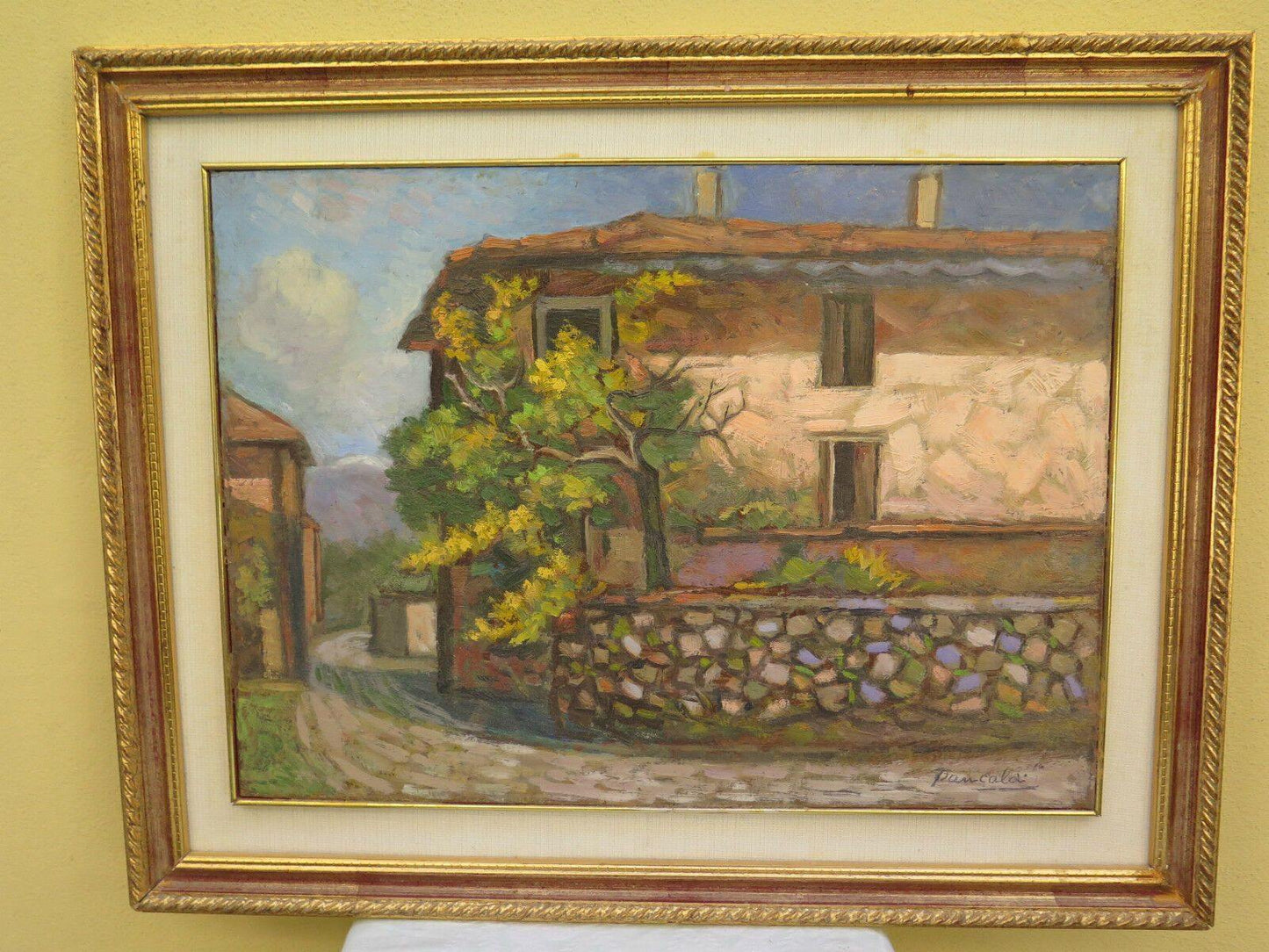 QUADRO ANTICO FIRMATO PANCALDI CON CORNICE PAESAGGIO DI CAMPAGNA IN ESTATE - Belbello Antiques