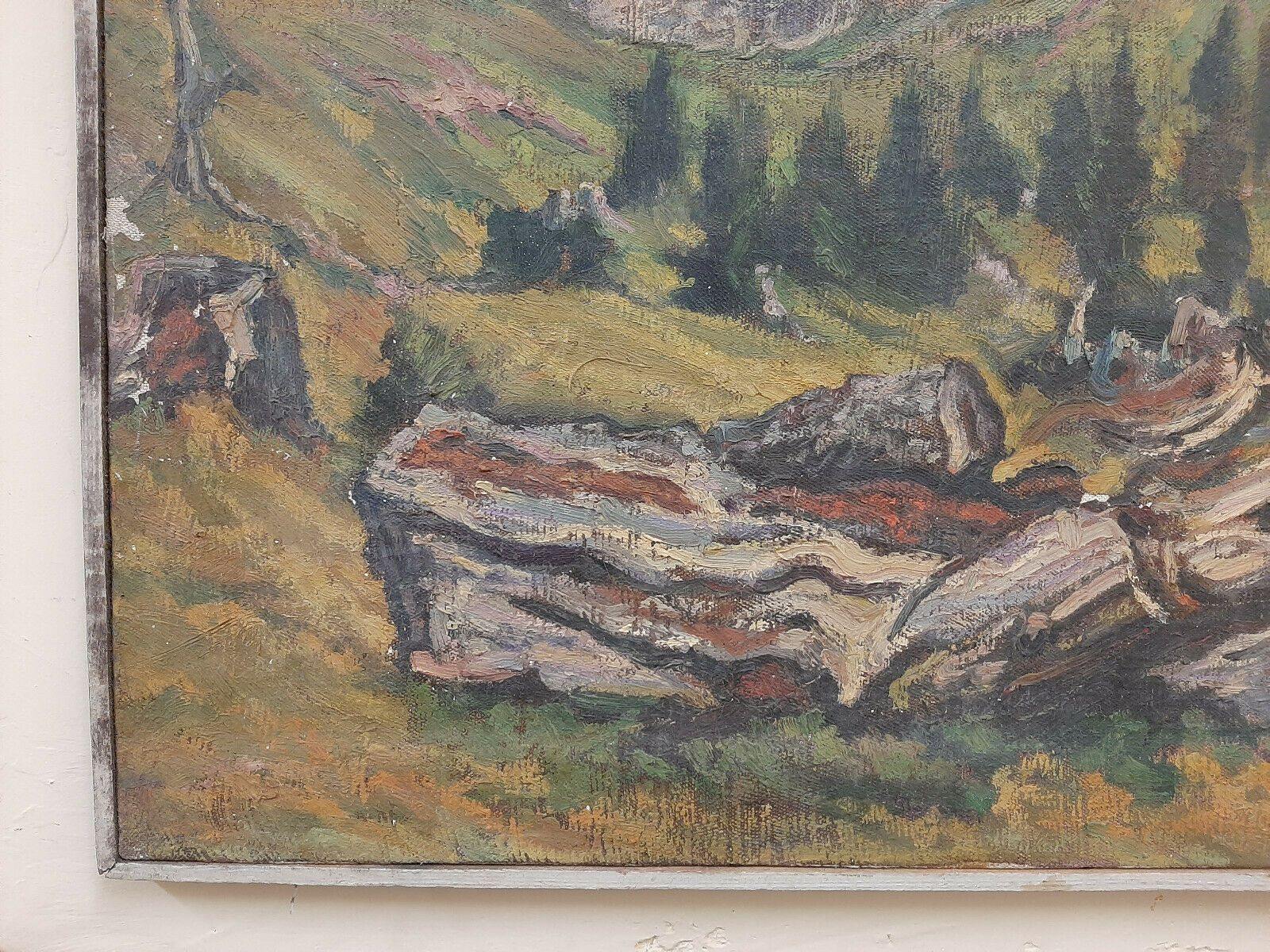 QUADRO OLIO TELA PAESAGGIO MONTAGNE DOLOMITI CATINACCIO Rosengarten DIPINTO P27 - Belbello Antiques