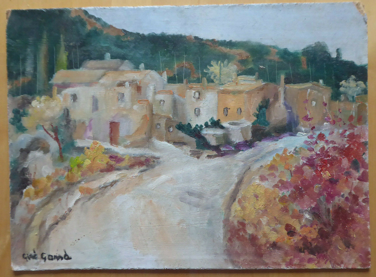 VECCHIO QUADRO OLIO VINTAGE PAESAGGIO SPAGNA FIRMATO GINÈ GOMÀ CAMPAGNA MD2