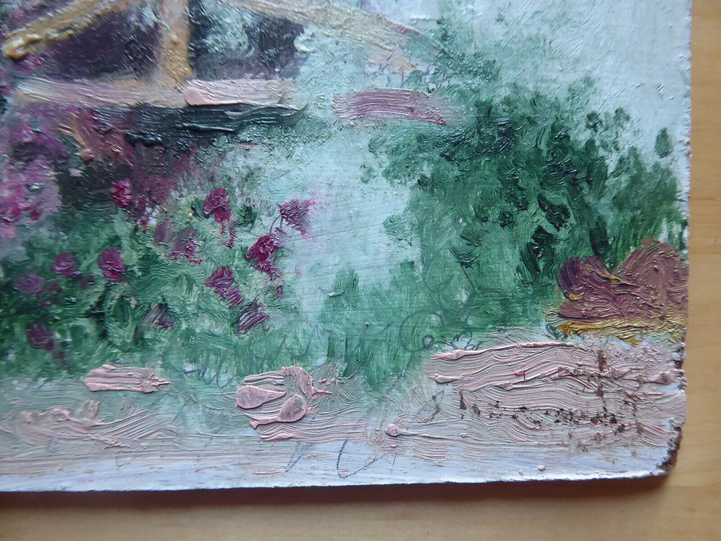 OLD OIL PAINTING ON SMALL PAINTING LANDSCAPE IN FLOWERING VINTAGE MD1 