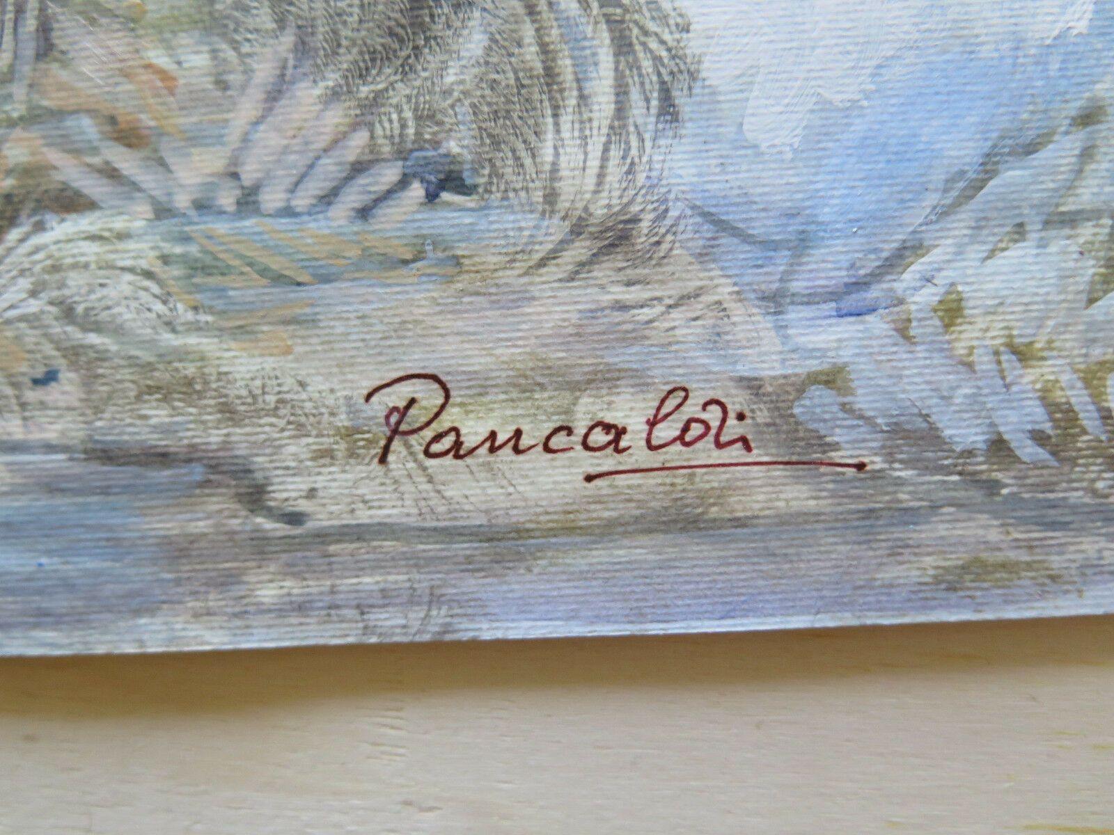 QUADRO VINTAGE OLIO ED ACQUERELLO PAESAGGIO INVERNALE FIRMATO PANCALDI P23 - Belbello Antiques