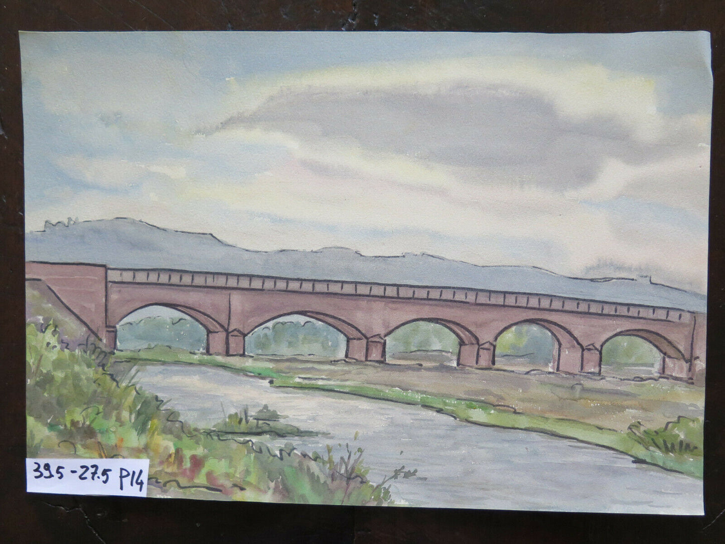 OLD WATERCOLOR PAINTING VIEW OF THE SPILAMBERTO BRIDGE 38x21 cm P14