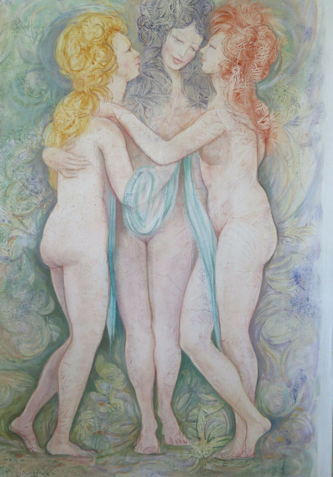 68x95 cm QUADRO VINTAGE TRA GRAZIE TECNICA MISTA NUDO FEMMINILE FIRMATO P19