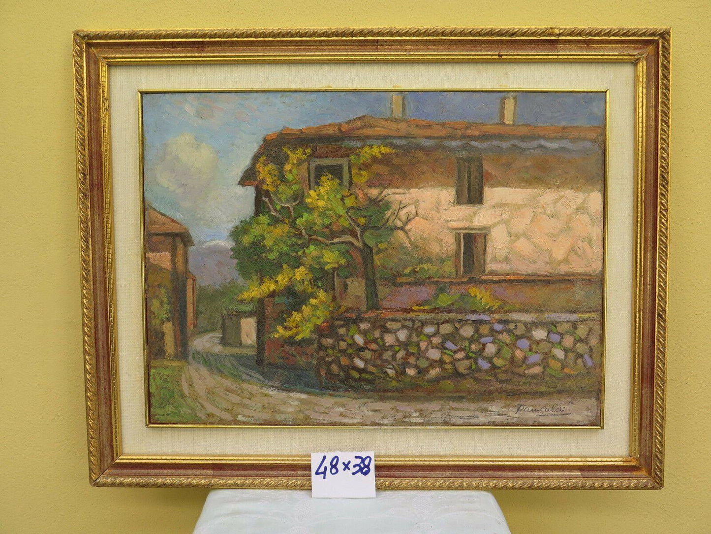 QUADRO ANTICO FIRMATO PANCALDI CON CORNICE PAESAGGIO DI CAMPAGNA IN ESTATE - Belbello Antiques