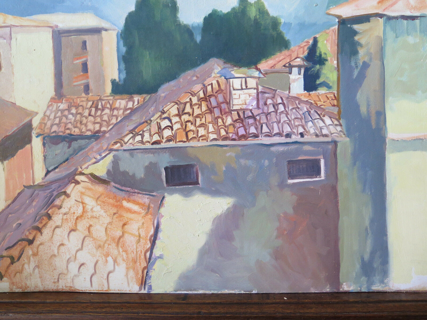 72x42 cm VINTAGE OIL PAINTING VIEW OF TOWN TOWN PROVINCE OF MODENA P21 