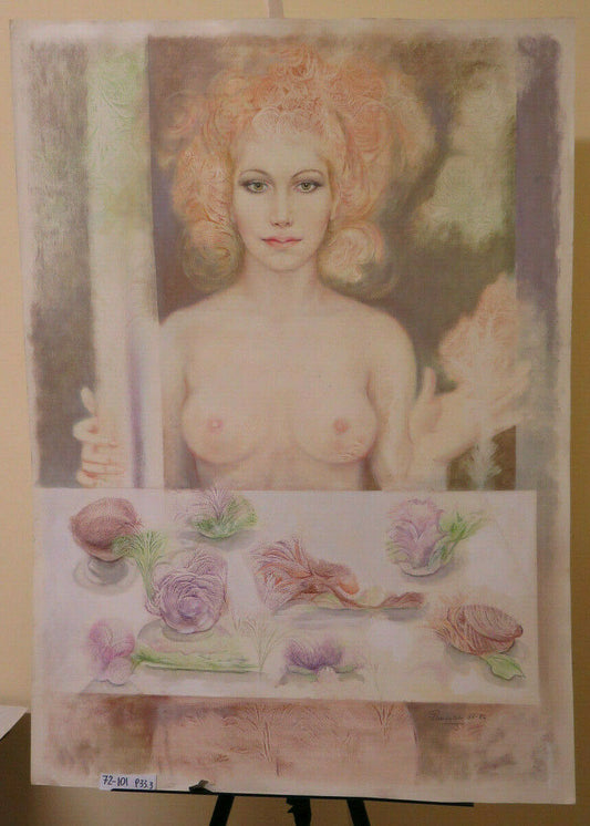 72x101 cm QUADRO DIPINTO AD ACQUERELLO CON TECNICA DEL GELO NUDO FEMMINILE P33.3