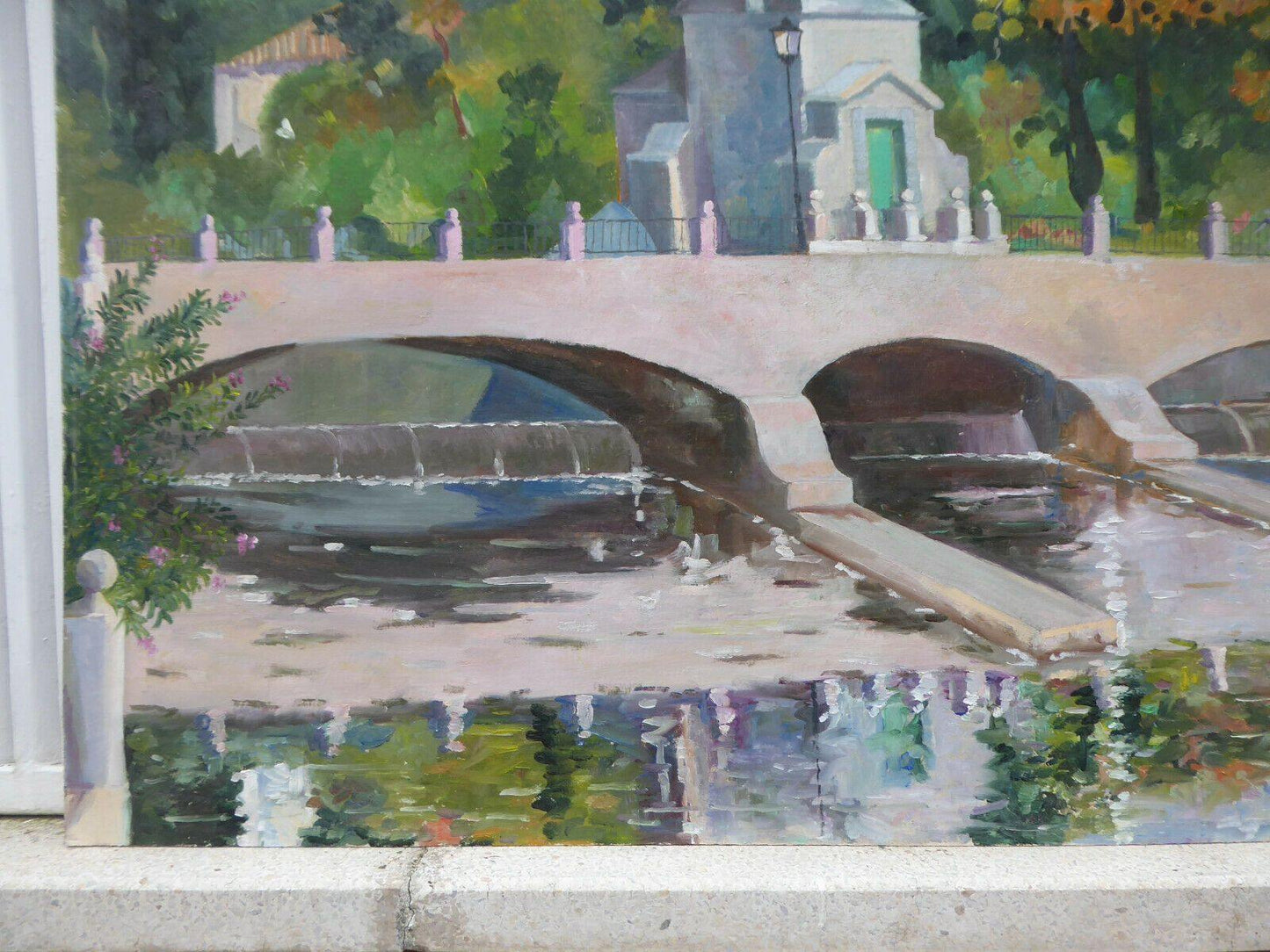 QUADRO AD OLIO VINTAGE VEDUTA DI MADRID PONTE MANZANARES VICENTE SEGURA MD11 - Belbello Antiques