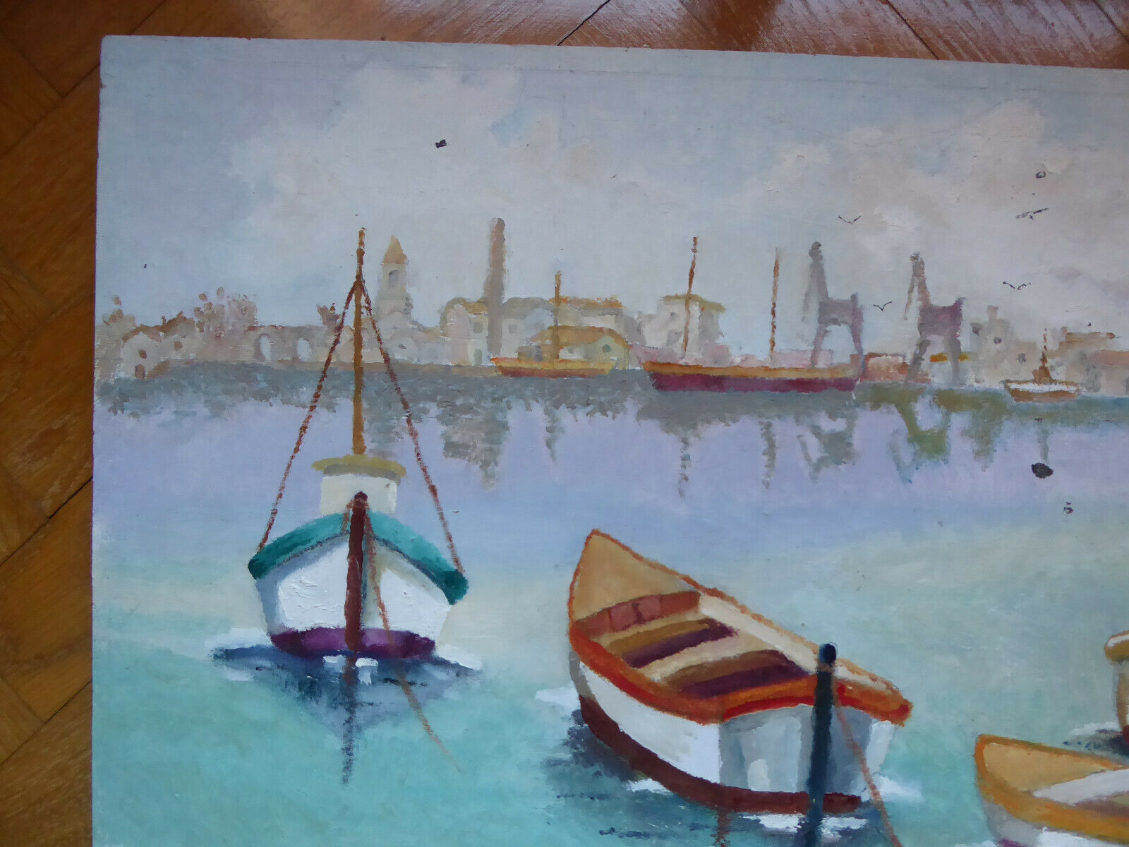 VECCHIO QUADRO OLIO SU TAVOLA VINTAGE MARINA BARCHE MARE FIRMATO SPAGNA '900 MD6 - Belbello Antiques