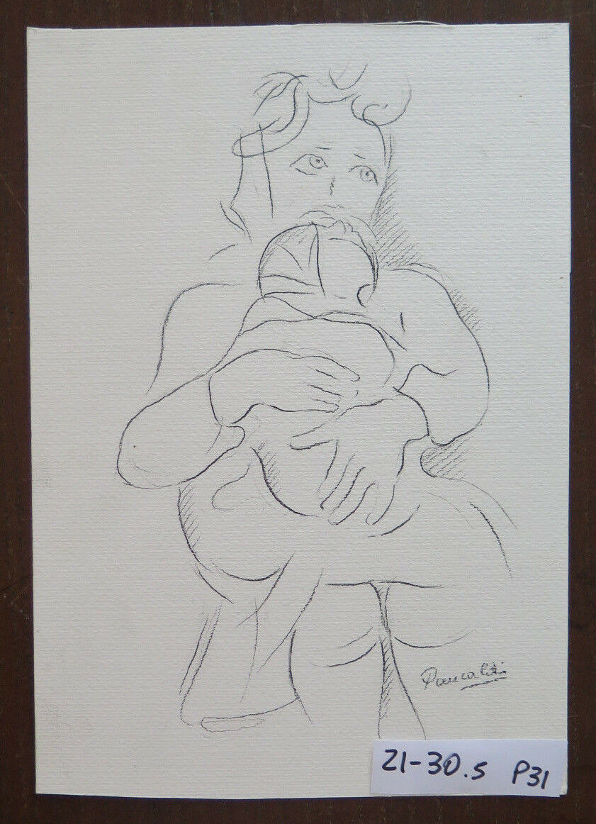 ANTIQUE DRAWING SKETCH SIGNED PANCALDI PENCIL PAPER PORTRAIT MOTHER CHILD P31