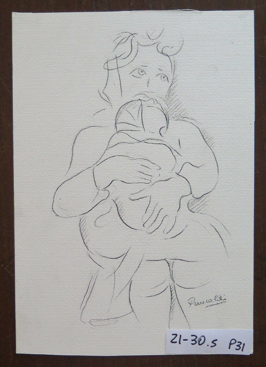 ANTIQUE DRAWING SKETCH SIGNED PANCALDI PENCIL PAPER PORTRAIT MOTHER CHILD P31