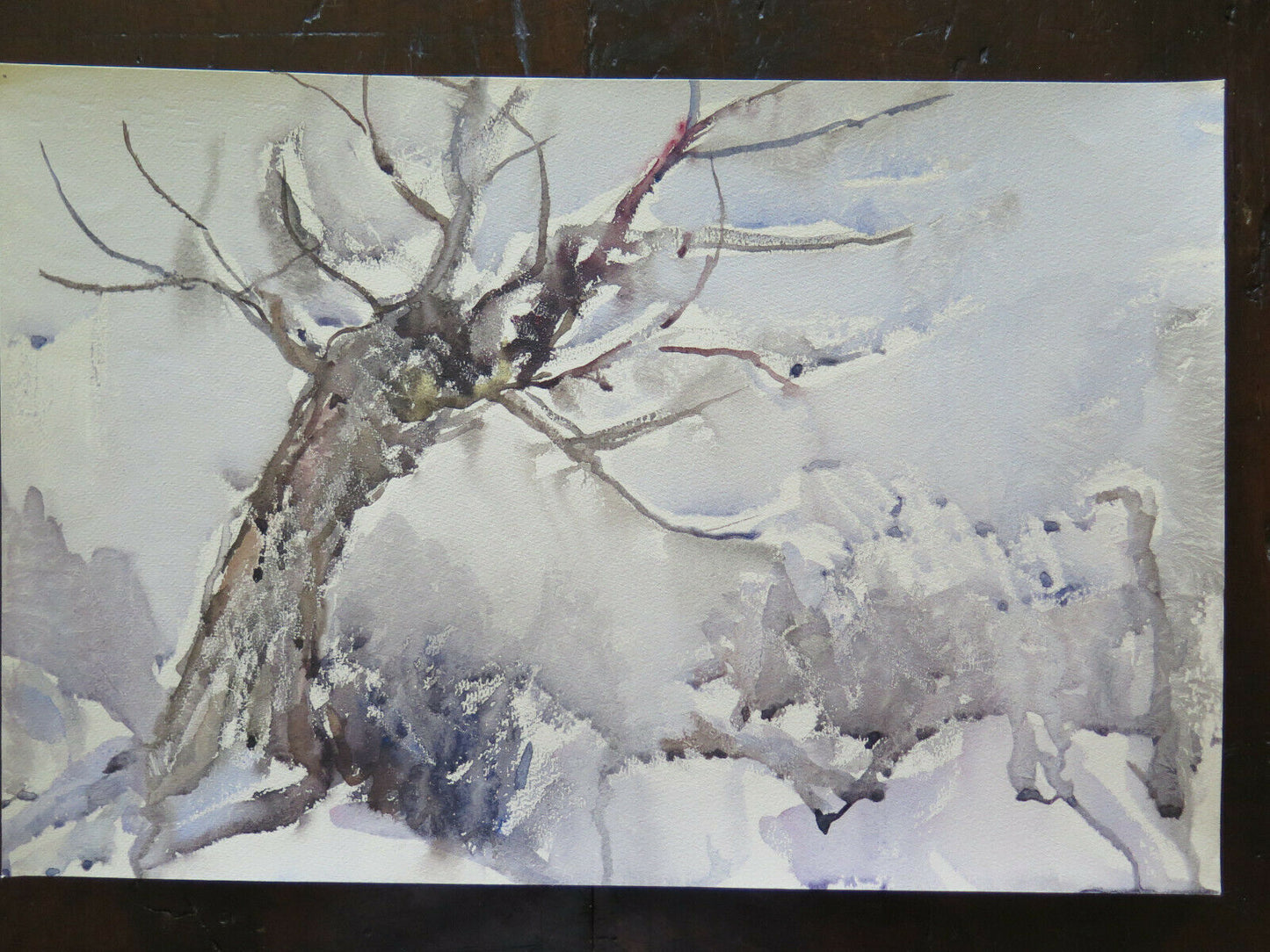 50x33 cm QUADRO PAESAGGIO INVERNALE INNEVATO ONIRICO DIPINTO TECNICA GELO P14