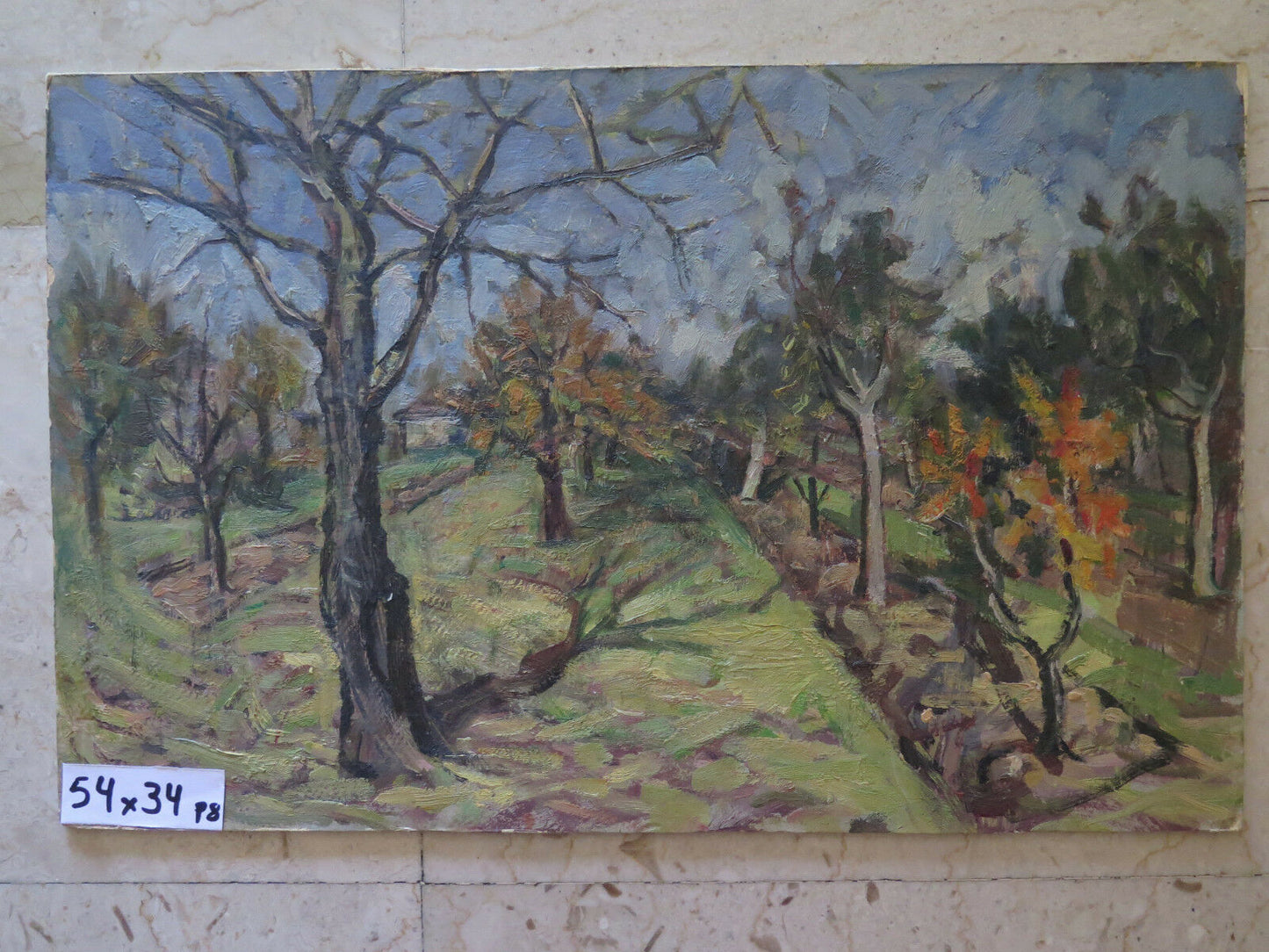 THE ORCHARD AFTER THE HARVEST ANTIQUE OIL PAINTING ON ORIGINAL PANEL p8