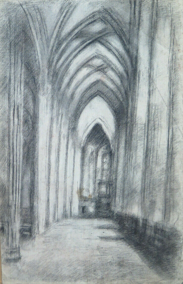 QUADRO DISEGNO ANTICO INTERNO CHIESA GOTICA Pierre Eugène Duteurtre DUT BM53.1