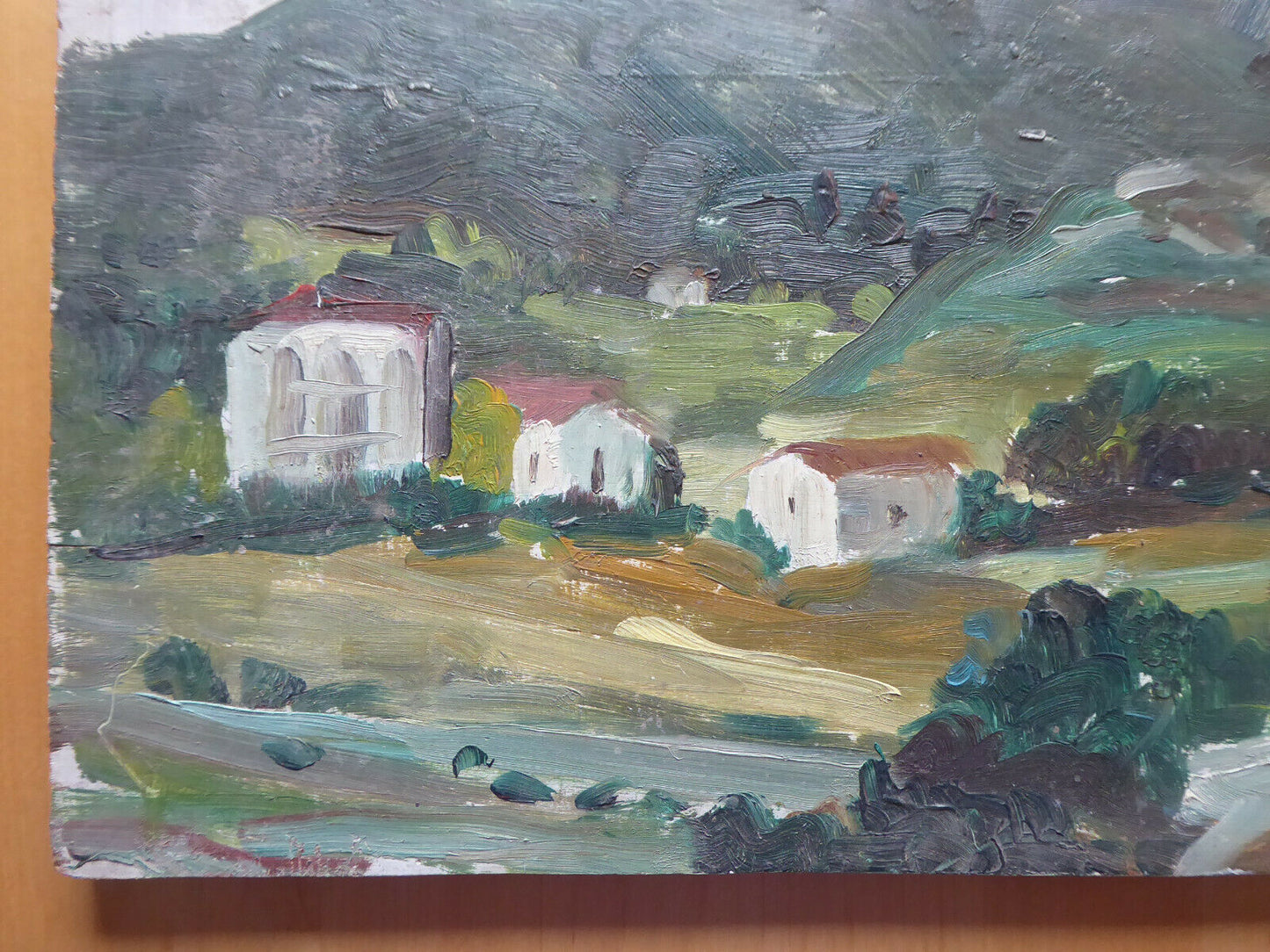 OLD OIL PAINTING ON VINTAGE PANEL SPAIN MID 20TH CENTURY COUNTRYSIDE LANDSCAPE MD2 