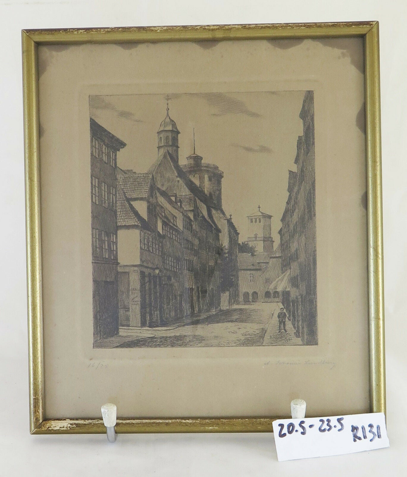 ANTIQUE PRINT ENGRAVING SIGNED A. LUNDBERG DENMARK 1921 WITH FRAME R131