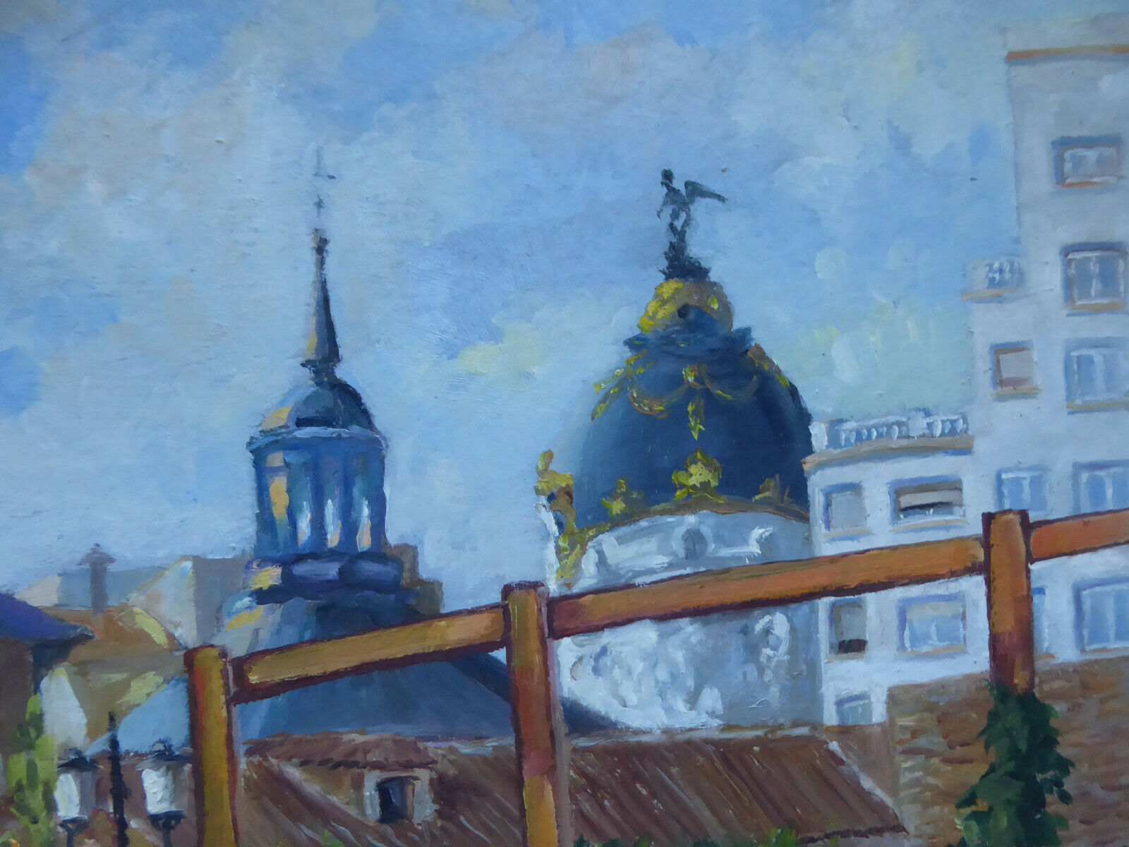 VEDUTA DEI TETTI DI MADRID GRAN VIA EDIFICIO METROPOLIS VECCHIO QUADRO OLIO MD6 - Belbello Antiques