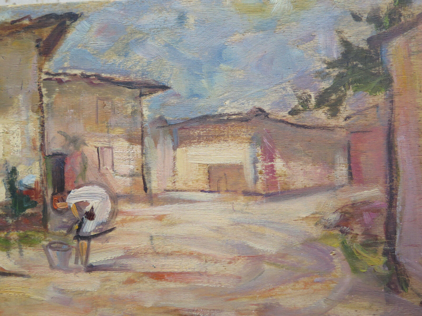 66x21 cm QUADRO AD OLIO SU TAVOLA VINTAGE PAESAGGIO VEDUTA CASA DI CAMPAGNA P21