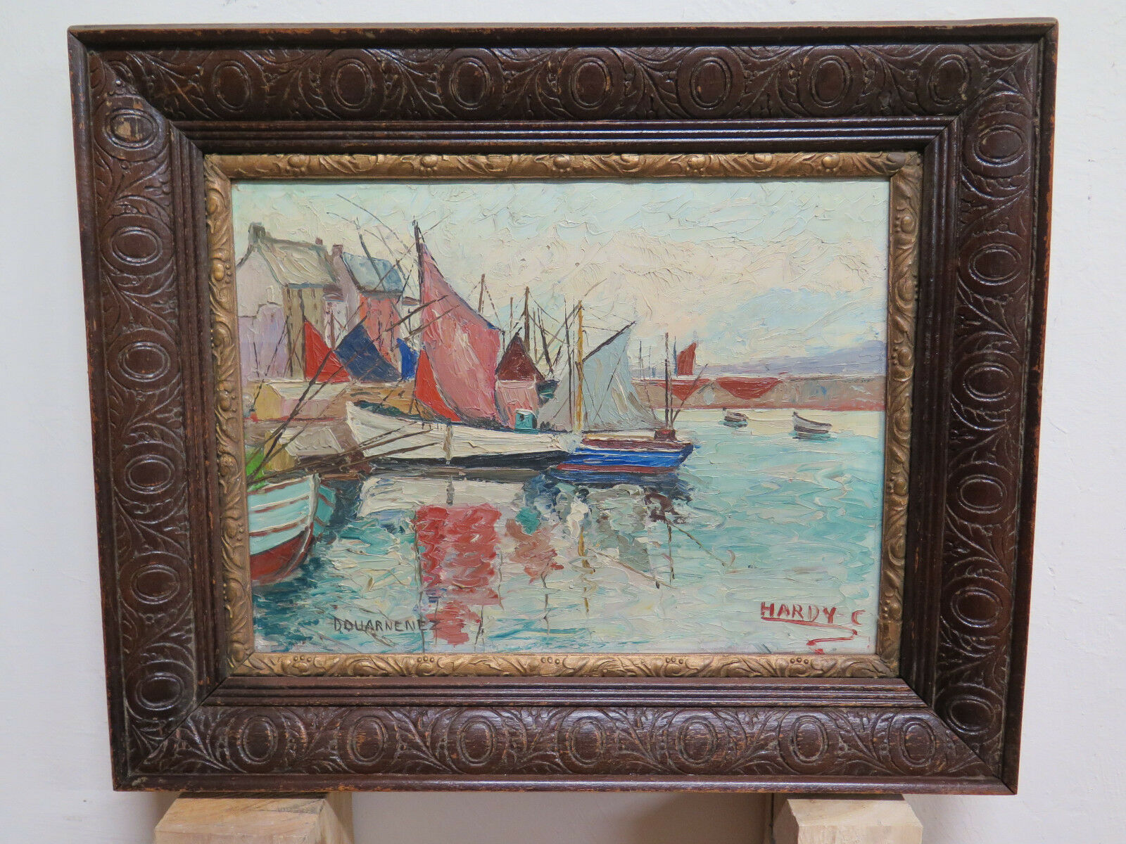 ANTICO DIPINTO OLIO TELA QUADRO PAESAGGIO MARINA HARDY DOUARNENEZ  France R104 - Belbello Antiques