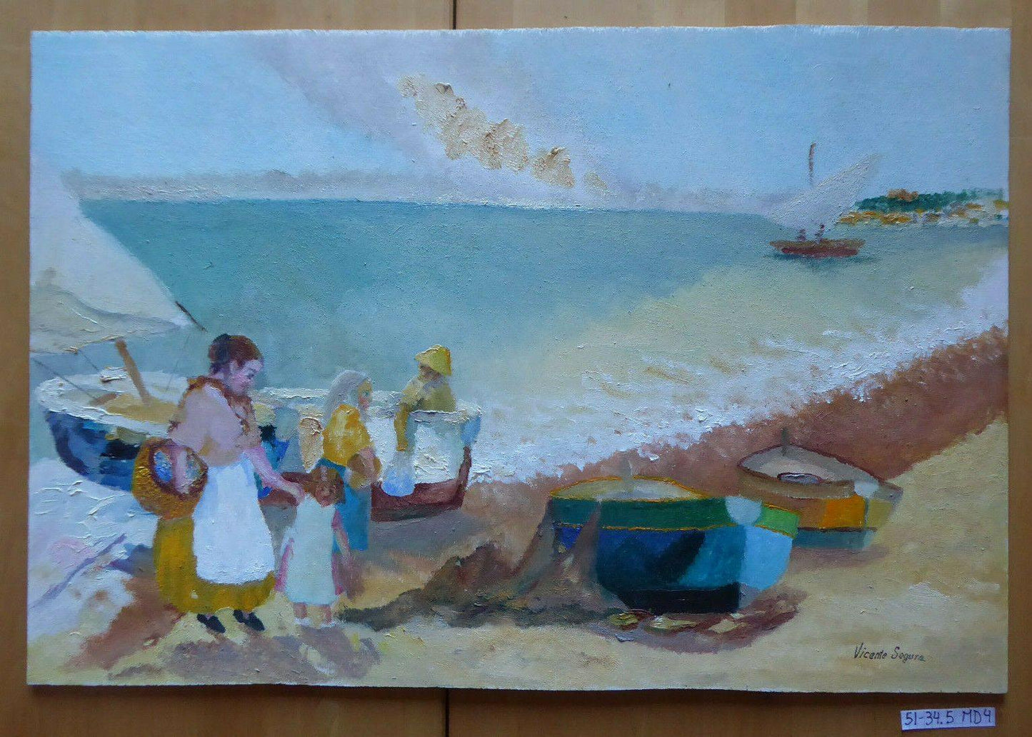 VECCHIO DIPINTO OLIO SU TAVOLA MARINA CON BARCHE FIRMATO SEGURA SPAGNA '900 MD4 - Belbello Antiques