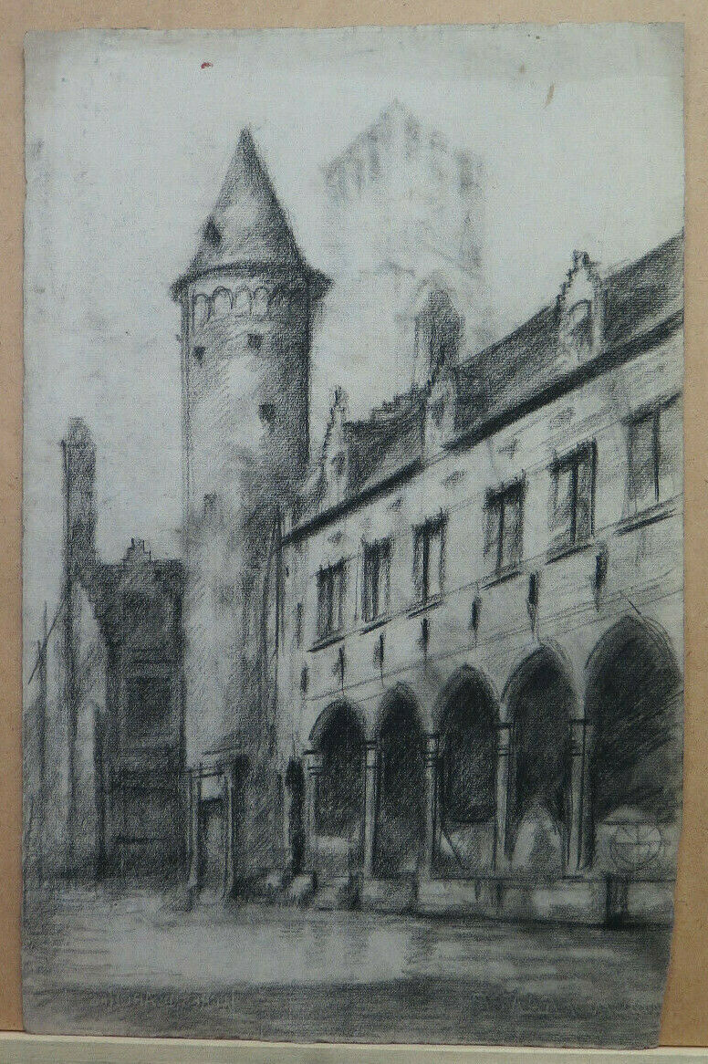 ANTIQUE PAINTING CITY VIEW FRANCE PENCIL Pierre Eugène Duteurtre DUT BM53.1