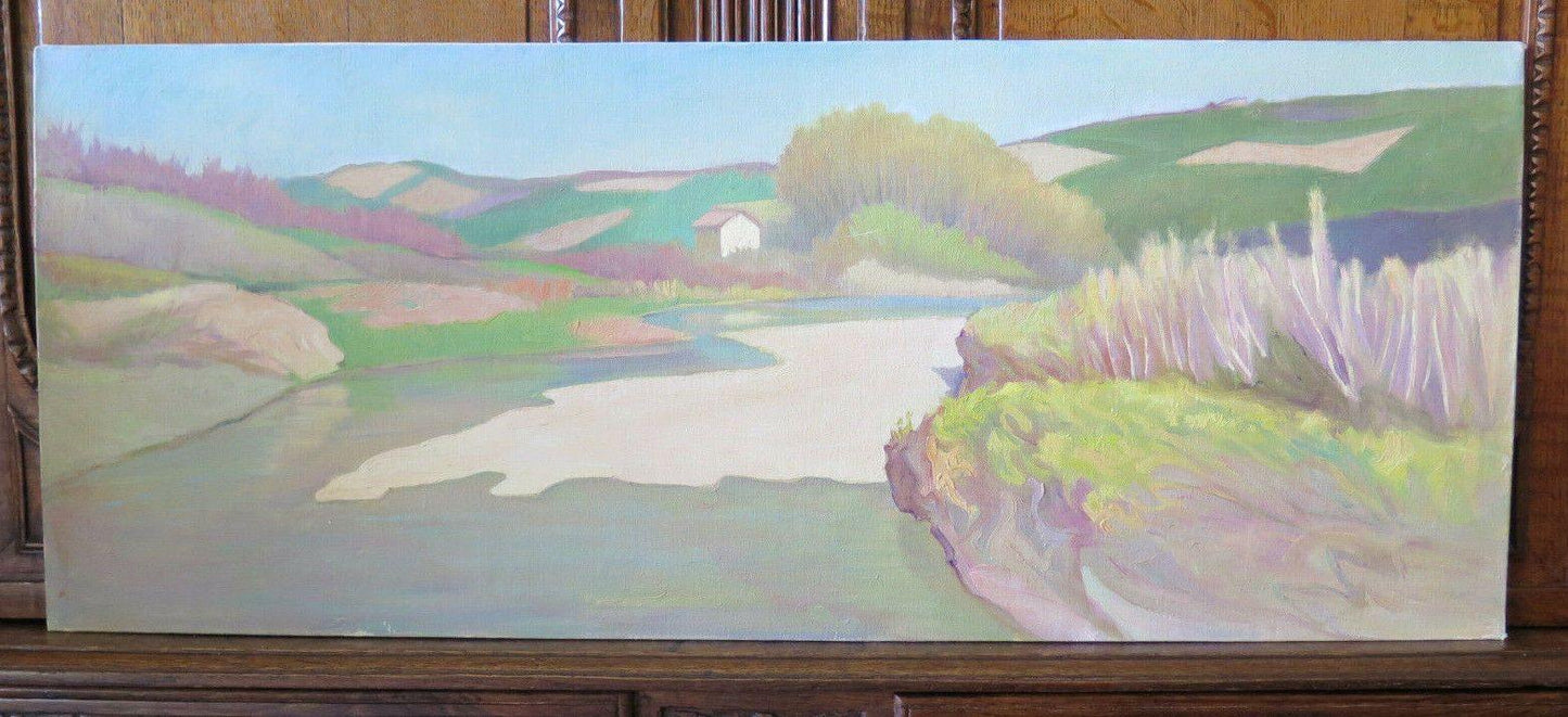 100x40 cm QUADRO OLIO VINTAGE PAESAGGIO VEDUTA CAMPAGNA DIPINTO PANORAMICO P19 - Belbello Antiques