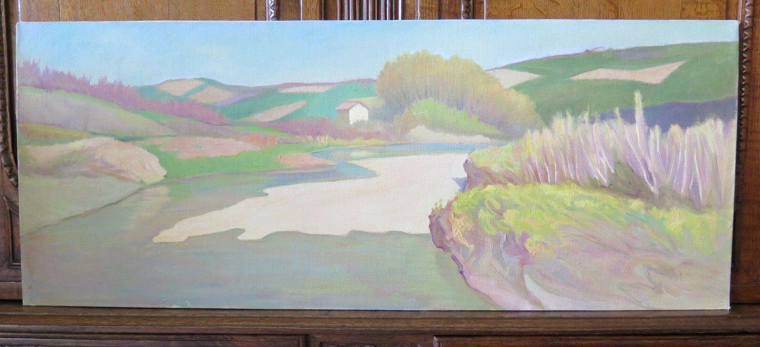 100x40 cm QUADRO OLIO VINTAGE PAESAGGIO VEDUTA CAMPAGNA DIPINTO PANORAMICO P19 - Belbello Antiques