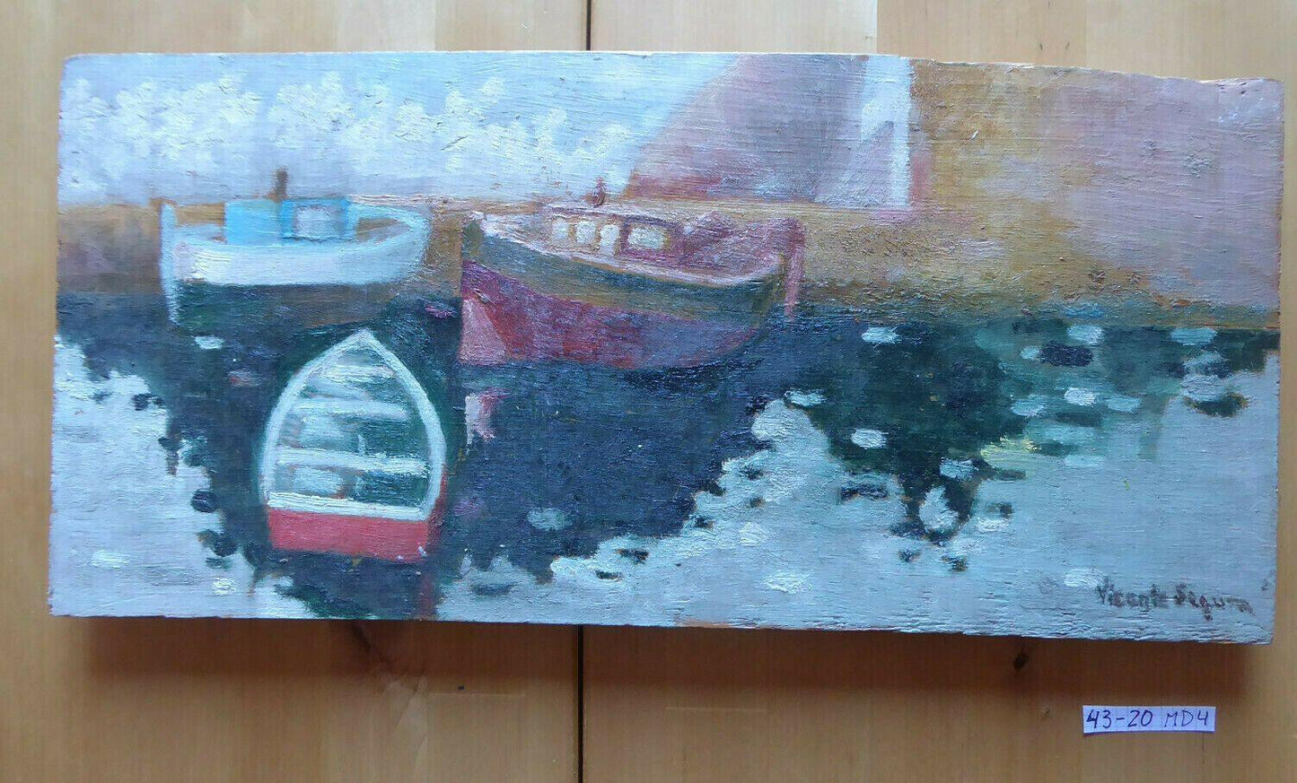 VECCHIO QUADRO OLIO SU TAVOLA MARINA MARE BARCHE FIRMATO SEGURA SPAGNA '900 MD4 - Belbello Antiques