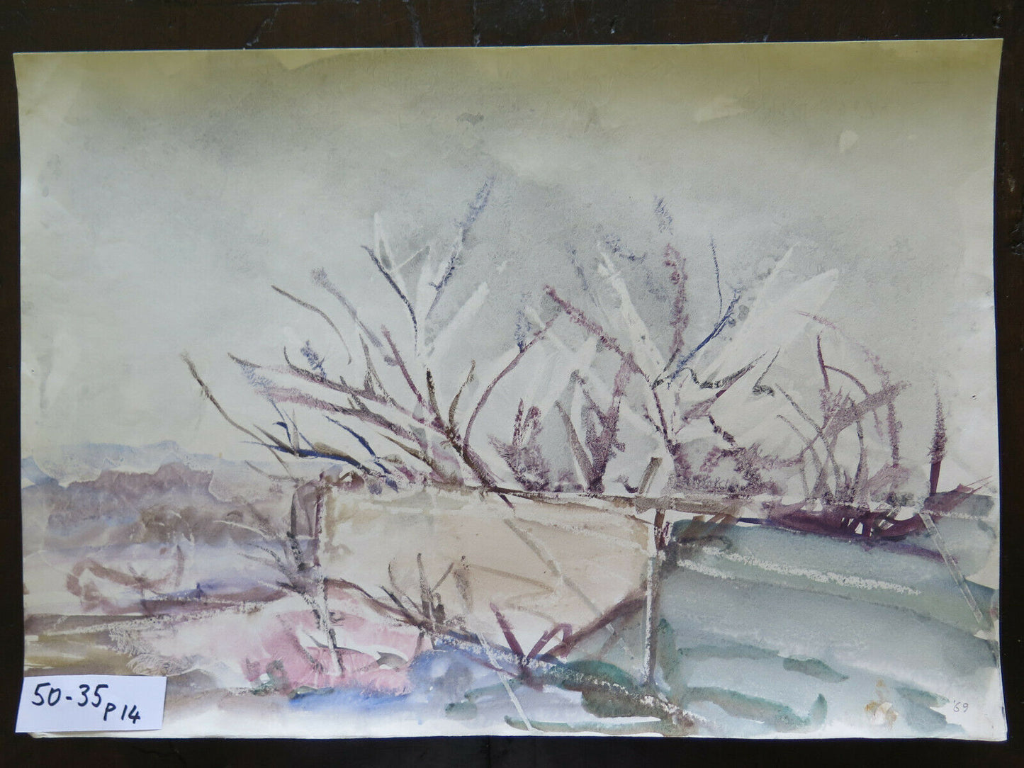 50x35 cm VINTAGE WATERCOLOR PAINTING SNOWY LANDSCAPE WINTER P14