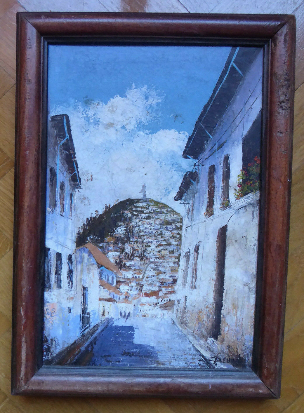 QUADRO SPAGNOLO DEL '900 VECCHIO PAESAGGIO DIPINTO OLIO SU TELA CON CORNICE MD6 - Belbello Antiques