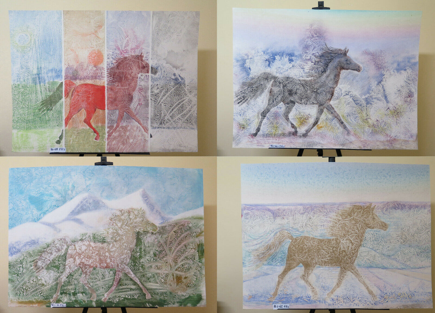 4 VINTAGE EQUESTRIAN PAINTINGS WITH HORSE PAINTED WITH FROST TECHNIQUE 80'S P33.5