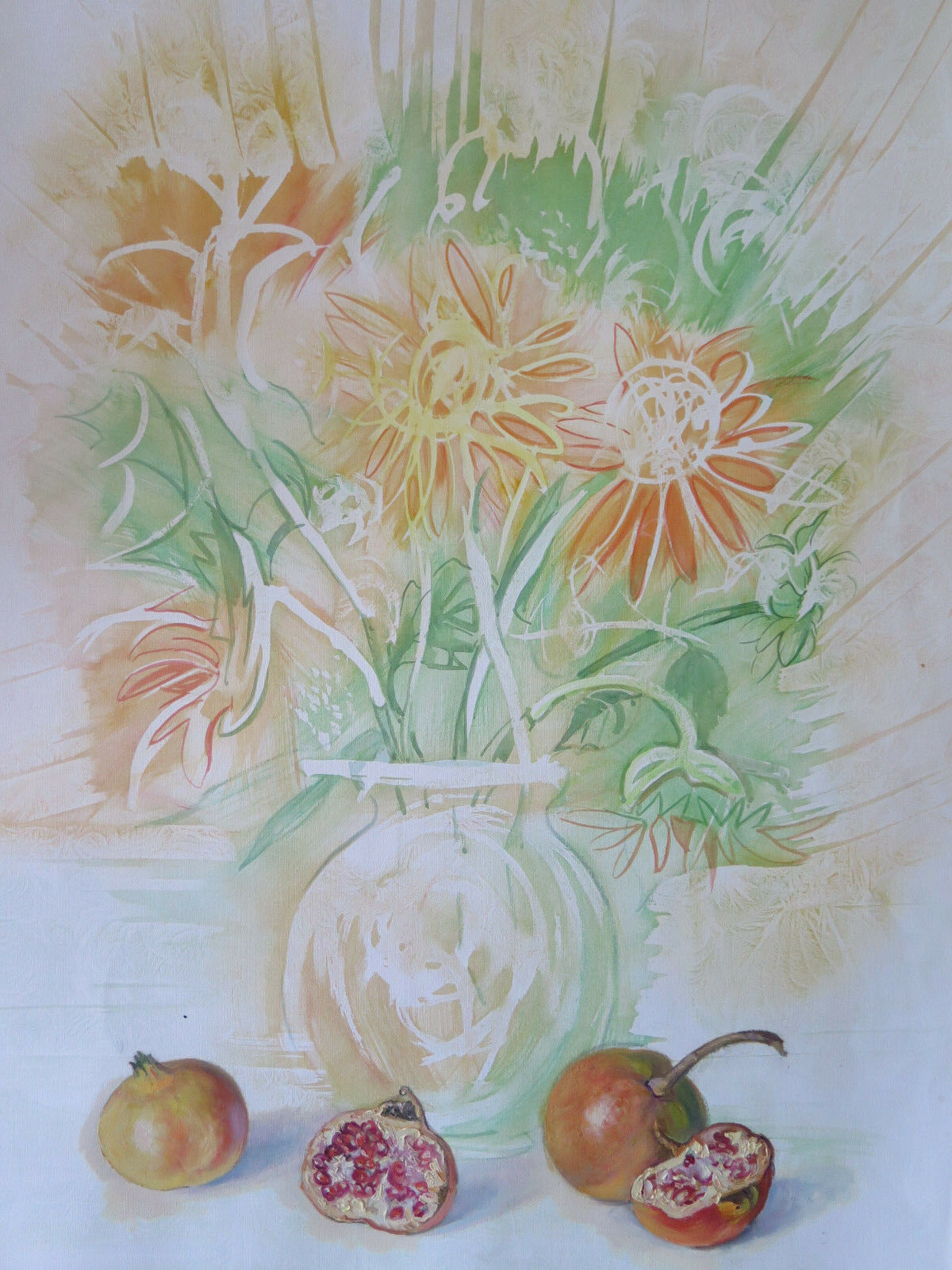 QUADRO DIPINTO MODERNO ANNI 80 AD ACQUERELLO ED OLIO CON FIORI E MELOGRANI P23 - Belbello Antiques