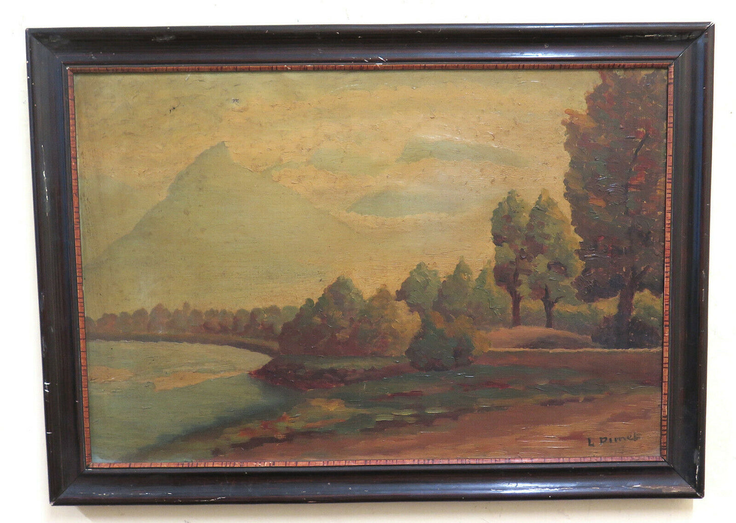 ANTIQUE PAINTING LAKE LANDSCAPE FRANCE EARLY 20TH CENTURY SIGNED OIL PAINTING BM51