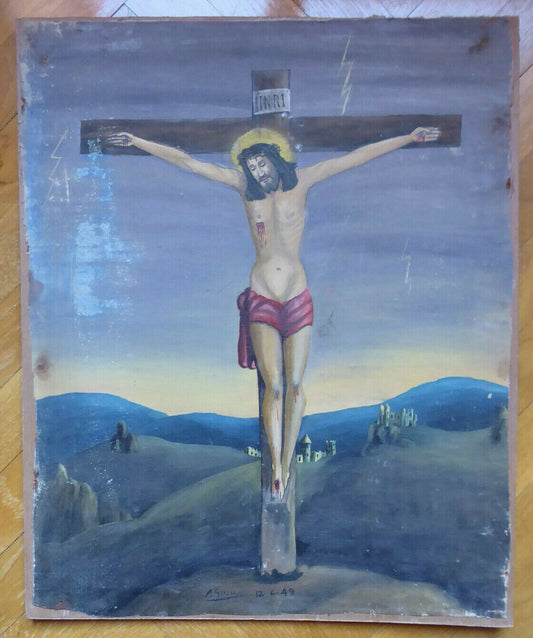 VECCHIO DIPINTO SPAGNOLO CROCIFISSIONE CRISTO QUADRO OLIO FIRMATO DATATO MD6 - Belbello Antiques