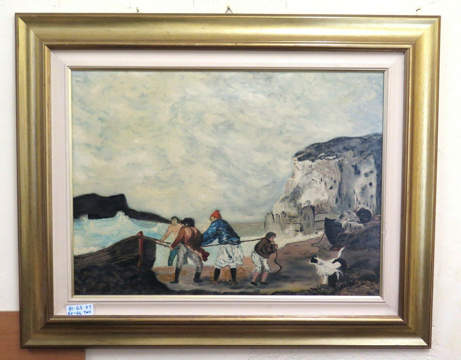 QUADRO AD OLIO SU TAVOLA PAESAGGIO DI MARE CON PESCATORI BARCA CANE SPIAGGIA X1 - Belbello Antiques