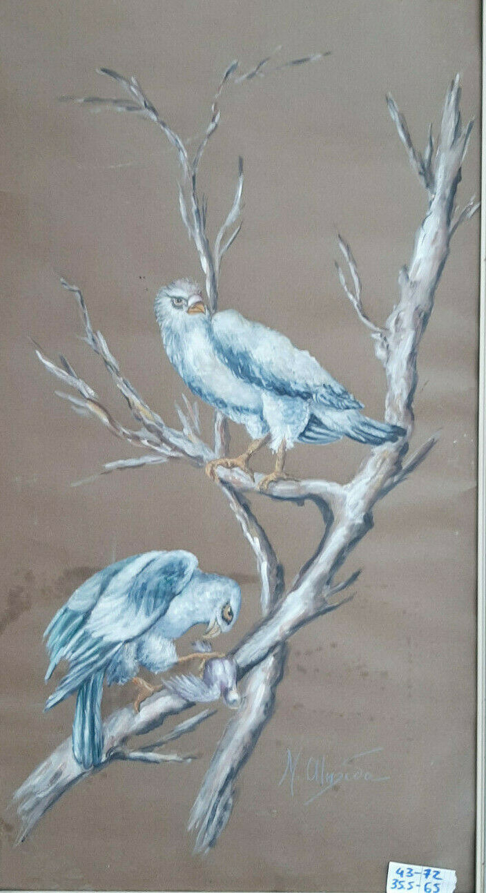 ANTIQUE PAINTING IN TEMPERA ON PAPER SIGNED ANIMALS BIRDS SIGNED SPAIN '900