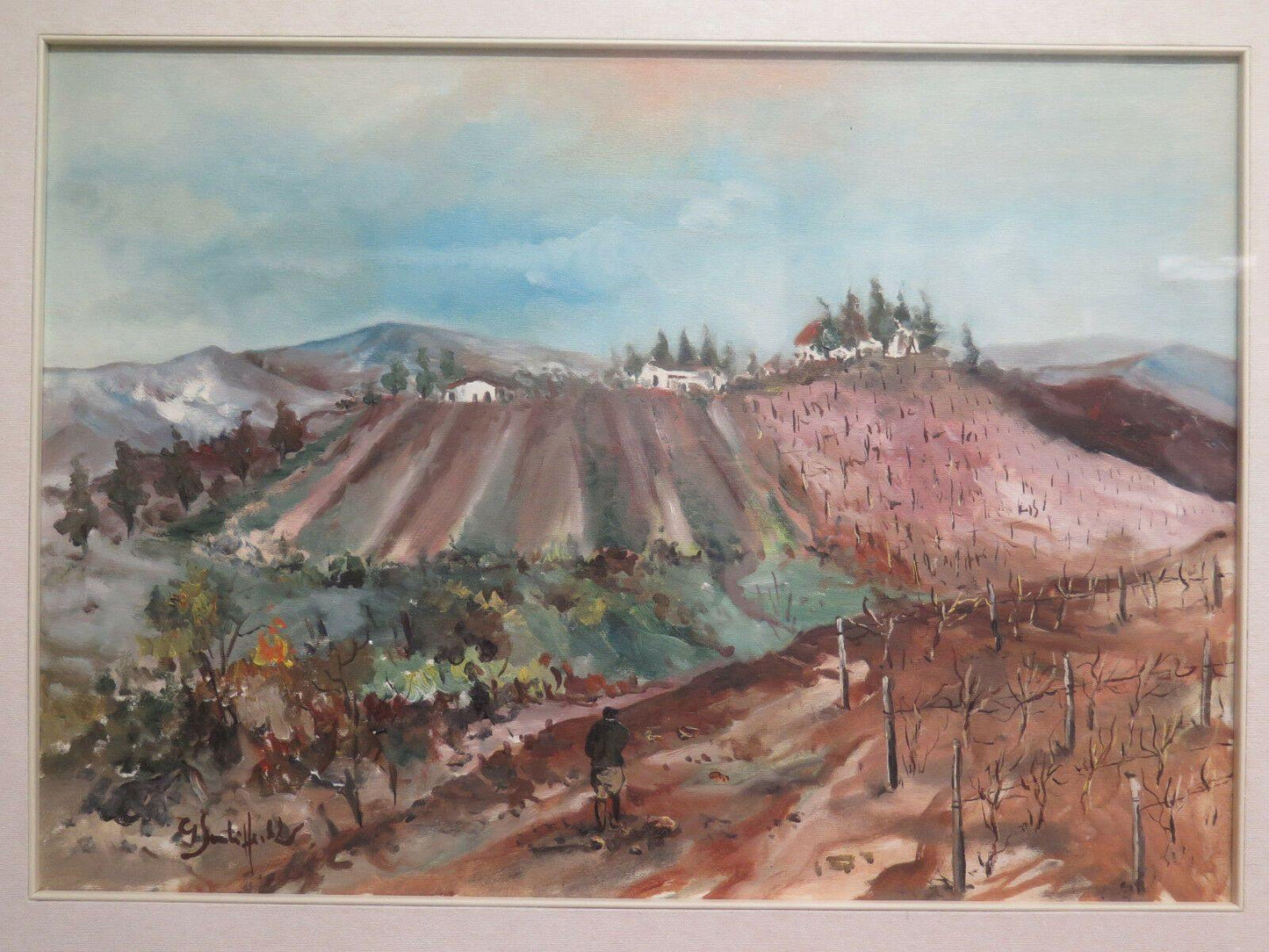 PAESAGGIO DI CAMPAGNA CON VIGNE E FILARI DI VITA QUADRO DIPINTO AD OLIO '900 G40 - Belbello Antiques