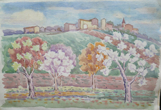 VIEW OF A VILLAGE EMILIA ROMAGNA OLD PAINTING BY LOCAL PAINTER 44x33 cm P14