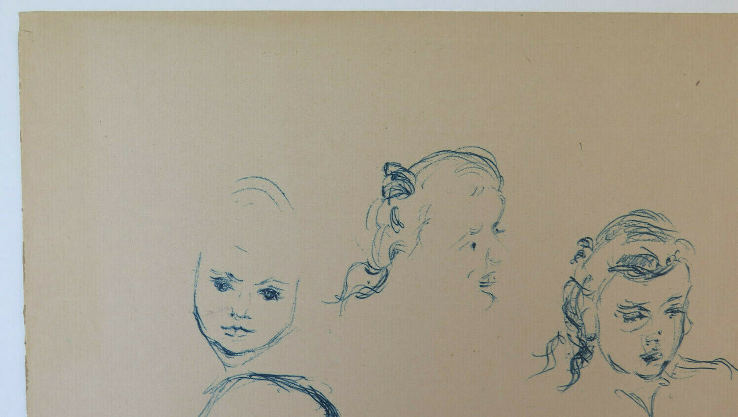 ANTIQUE SKETCH DRAWING SIGNED REINOLTZ 1935 CHILDREN'S PORTRAIT STUDY PEN BM53.2 