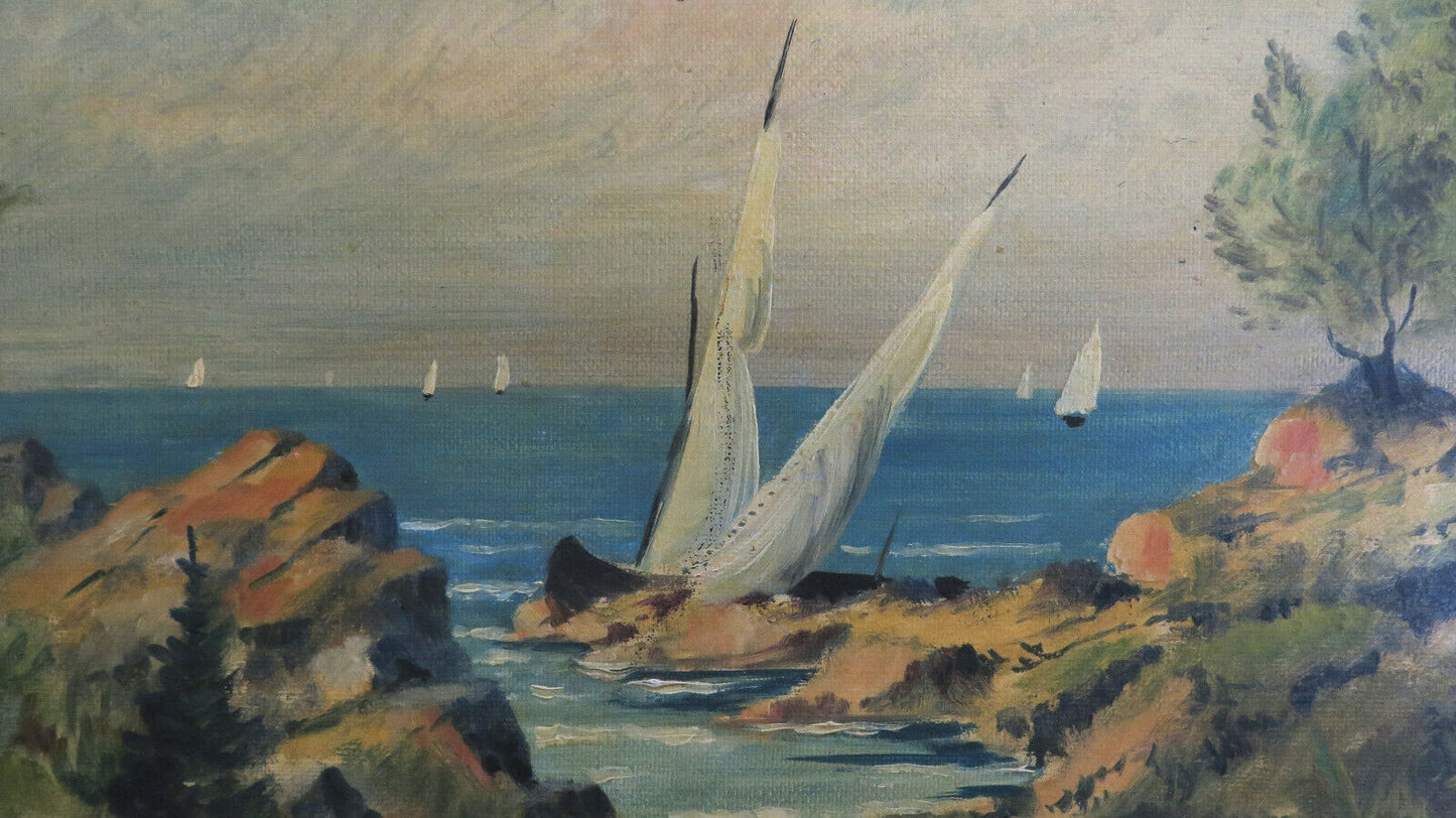 OIL CANVAS PAINTING SEA LANDSCAPE FRENCH RIVIERA PROVENCE WITH SAILING BOATS BM38 