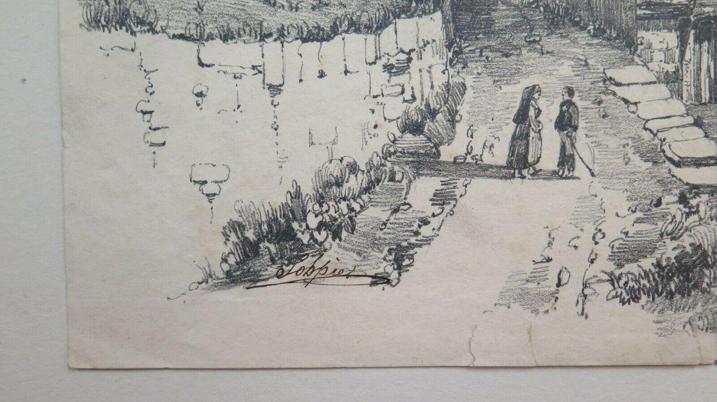 DISEGNO ANTICO MATITA SU CARTA VEDUTA DI CAMPAGNA FIRMATO FRANCIA '800 BM53.2 - Belbello Antiques