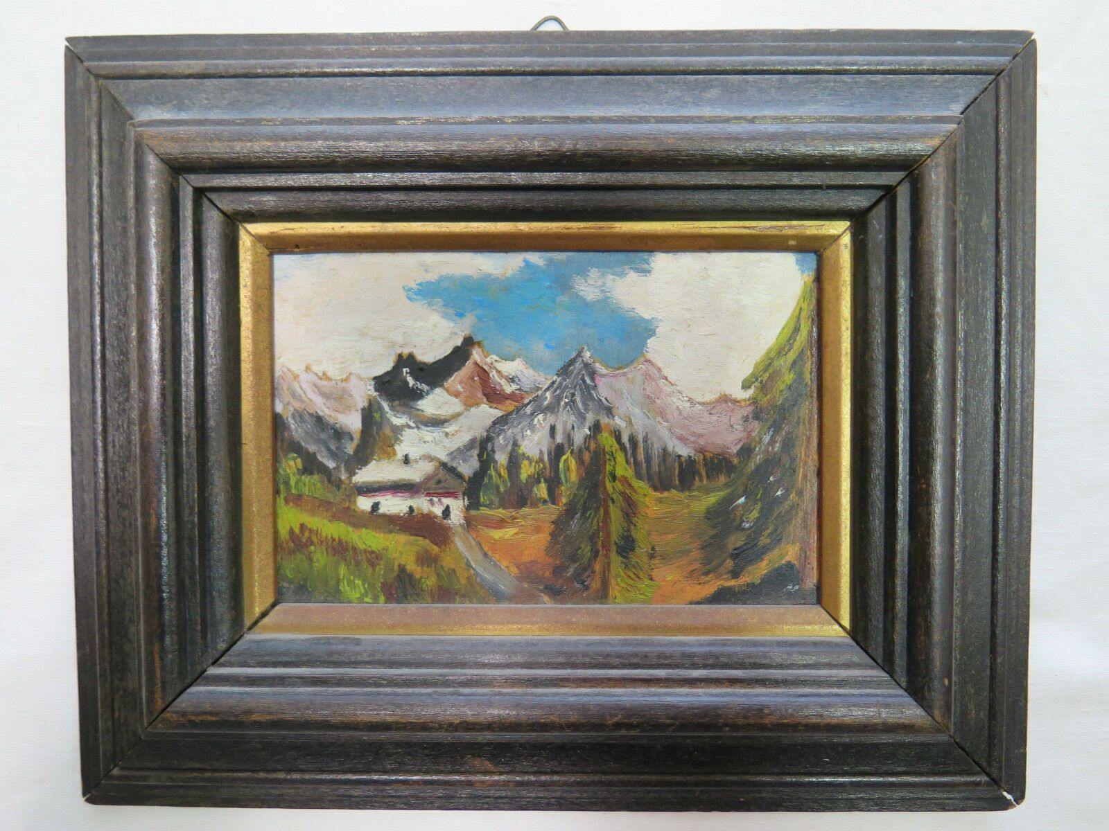 ANTICO DIPINTO AD OLIO SU TAVOLA PAESAGGIO DI MONTAGNA VEDUTA DELLE ALPI c6 - Belbello Antiques