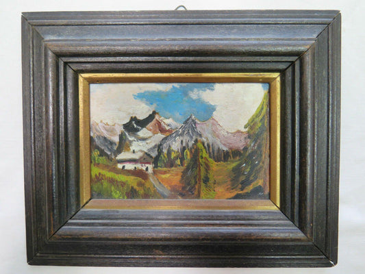 ANTICO DIPINTO AD OLIO SU TAVOLA PAESAGGIO DI MONTAGNA VEDUTA DELLE ALPI c6 - Belbello Antiques