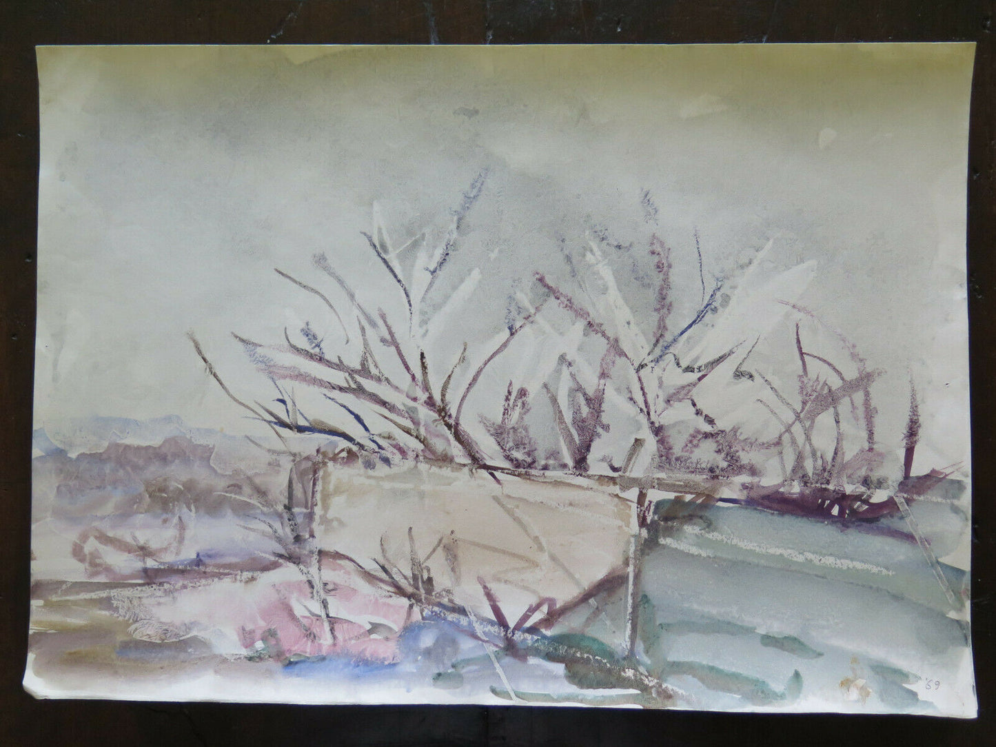 50x35 cm VINTAGE WATERCOLOR PAINTING SNOWY LANDSCAPE WINTER P14